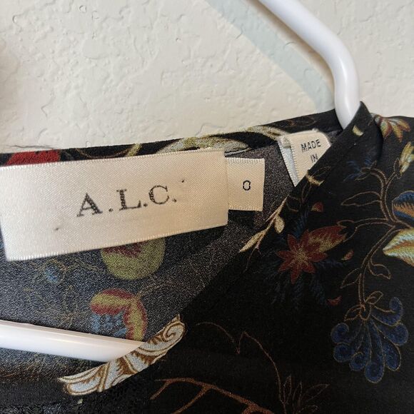 A.L.C. Dress Womens 0 Black Floral Silk Lace Panel Long Sleeve Handkerchief Hem - Picture 2 of 7